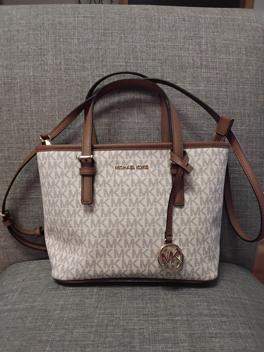 Michael Kors Jet Set Top-Zip Crossbody Tote Bag, Cream/Brown